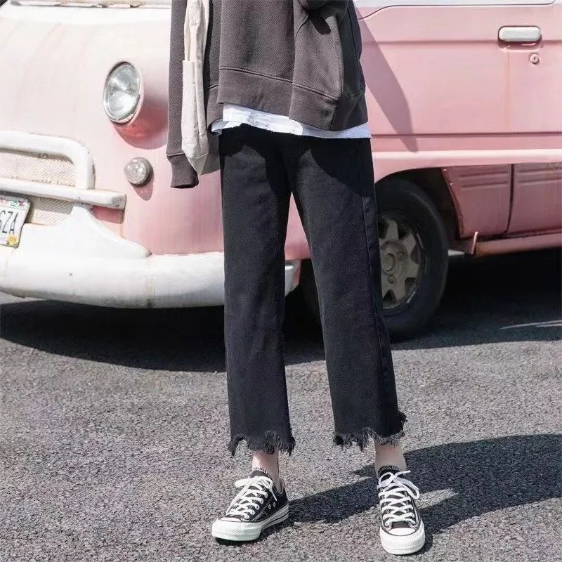 

Fashion Sexy Style Frayed Edge Slightly Flared Jeans Women s Small Thick Leg Covering Loose Slim Looking Cropped Wide-Leg Pants Black 8003 [Basics]] XS