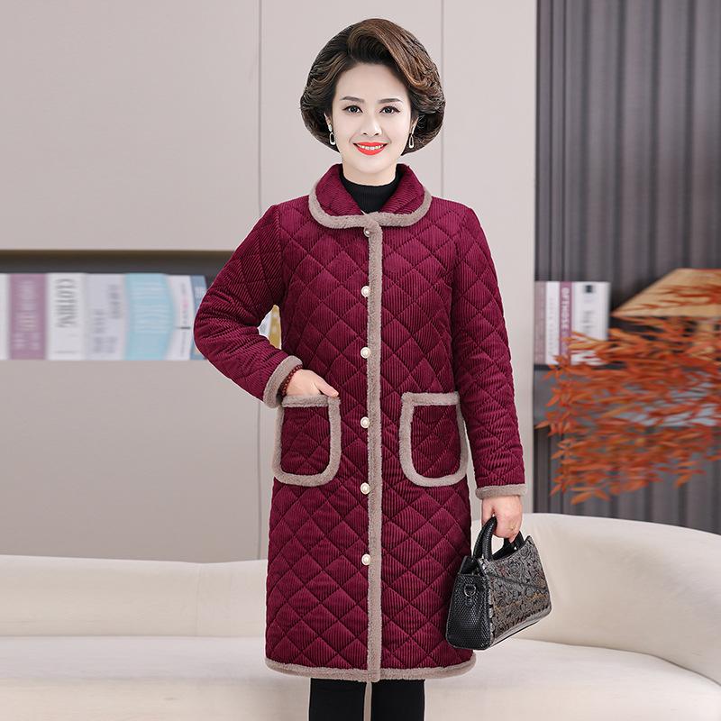 

Cozy Plaid Fleece-Lined Jacket for Elderly Women - Mid-Length Winter Coat for Grandmothers XL