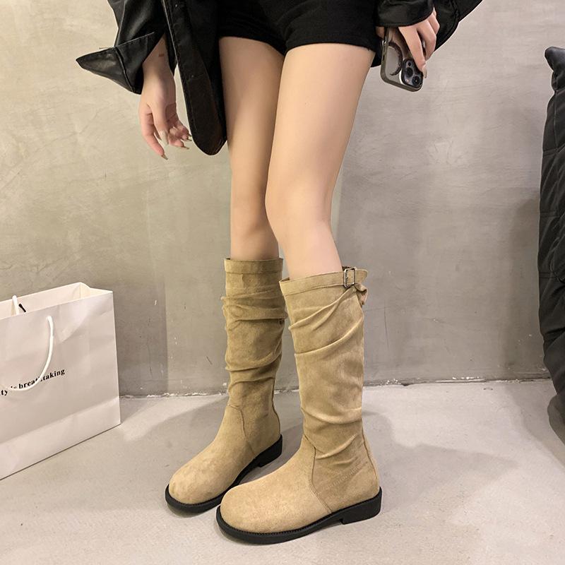 Coarse Heel Khaki Stacking Boots Long Boots Women's Shoes 2025 New Autumn and Winter Thin Tall Knight Boots