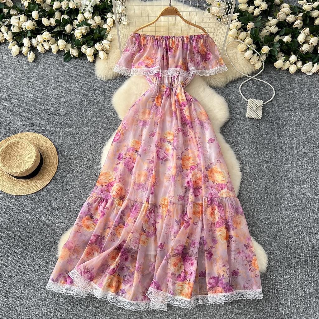 Wysokiej jakości kwiatowa sukienka plażowa maxi dla kobiet z dekoltem w serek elastyczna wakacyjna szyfonowa sukienka w kształcie litery A koronkowa długa sukienka letnia