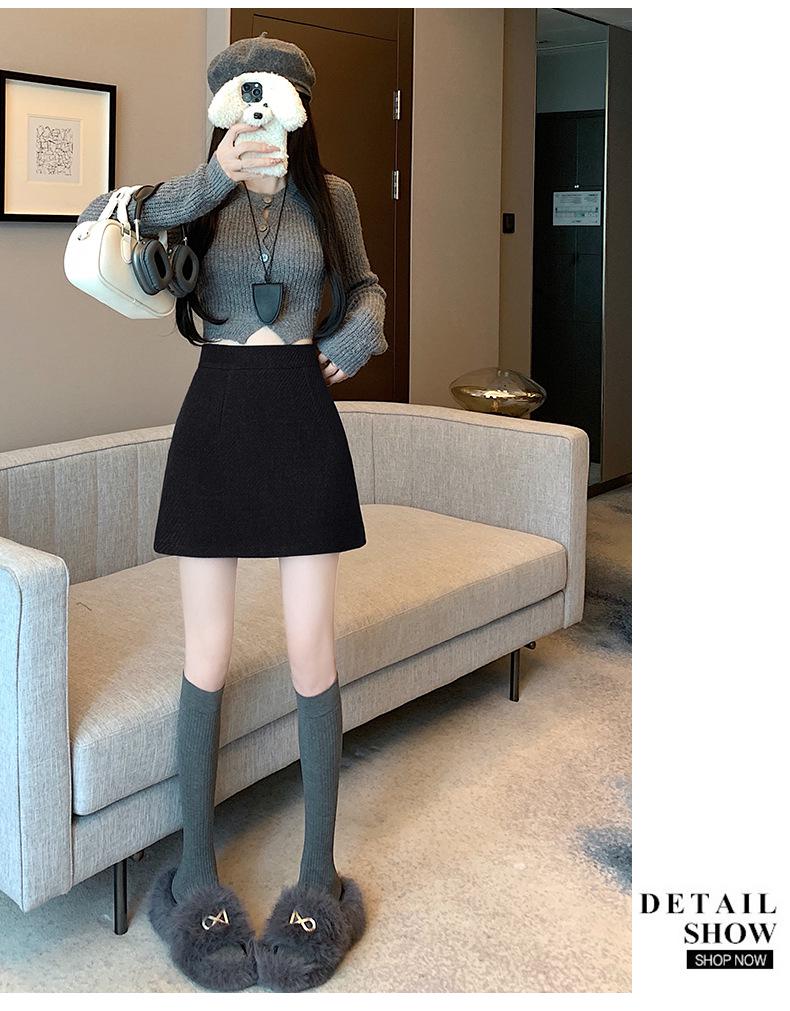 Women's High Waist Gray Plaid A-Line Wool Skirt - Petite, Anti-Exposure, Autumn/Winter Style