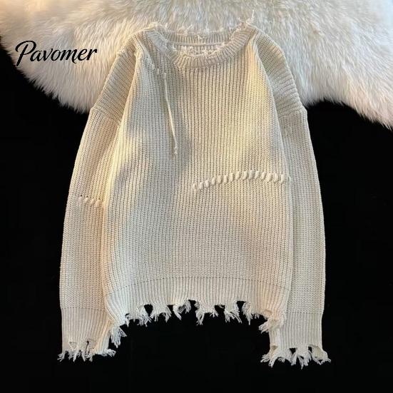 Hip HopSweater Men Fall Winter Sweater Ripped Tassel Solid Color Fringe Round Neck Long Sleeve Knitted Mid Length Loose Soft Warm Pullover Women