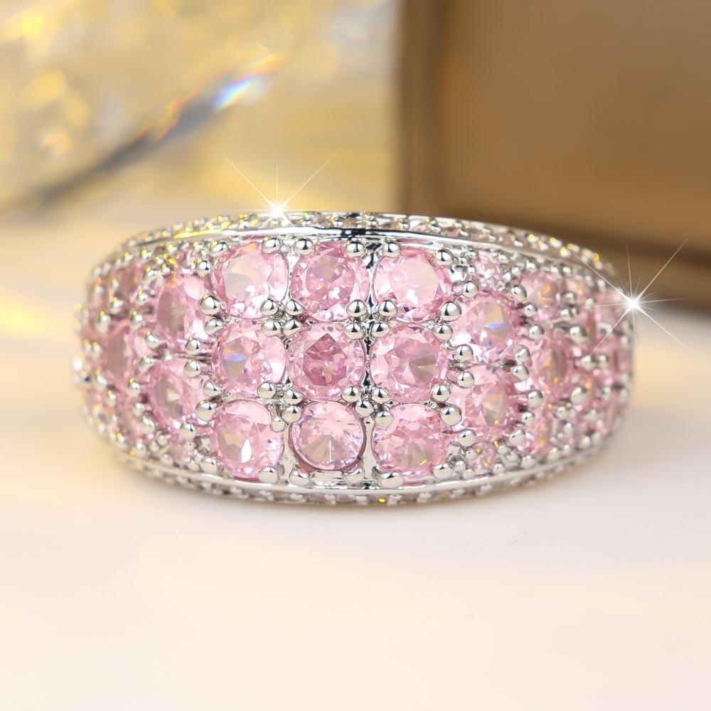 Luxurious Four Colors Available Pink Zircon Paved Wide Band Ring for Women Daily Wear and Party