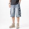 Summer Multi-Pocket Men's Blue Denim Shorts Streetwear Loose Large Size Straight Denim Shor