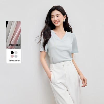 Damen T-Shirt mit V-Ausschnitt, kurzen Ärmeln und Lyocell-Mischung