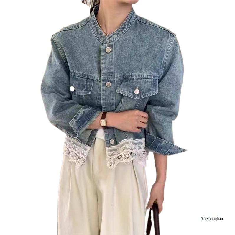 2026 Early Spring Retro Hong Kong Style Washed Lace Patchwork Denim Jacket - Women's Short Loose Fit with Small Stand Collar