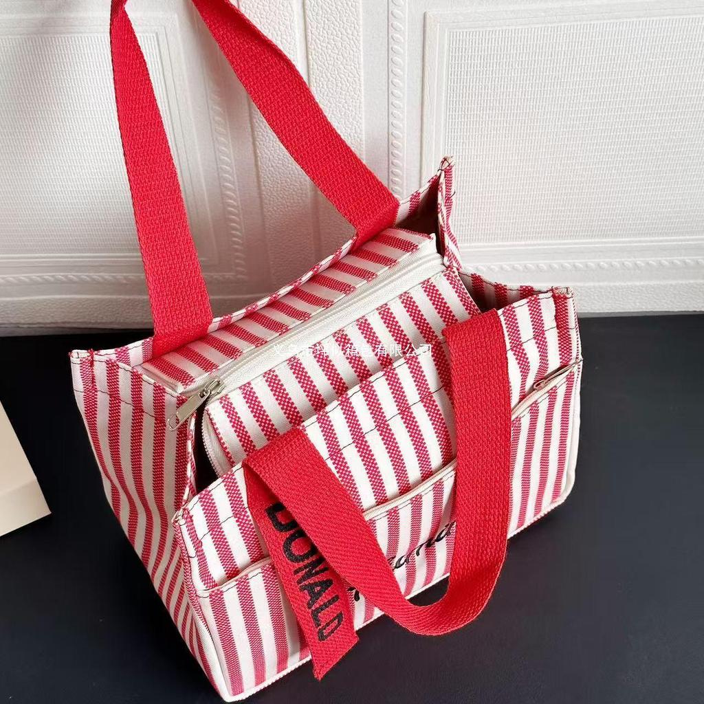 Striped Canvas Tote Bag with Zippered Outer Pocket – Versatile, Large-Capacity Bag for Women As Lunch, Mummy, or Work Bag