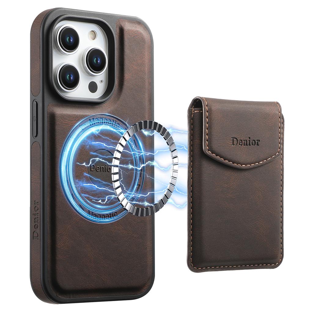 DENIOR D19 For iPhone 15 Pro Max Magnetic Case Leather+PC+TPU Cover with Detachable Card Bag