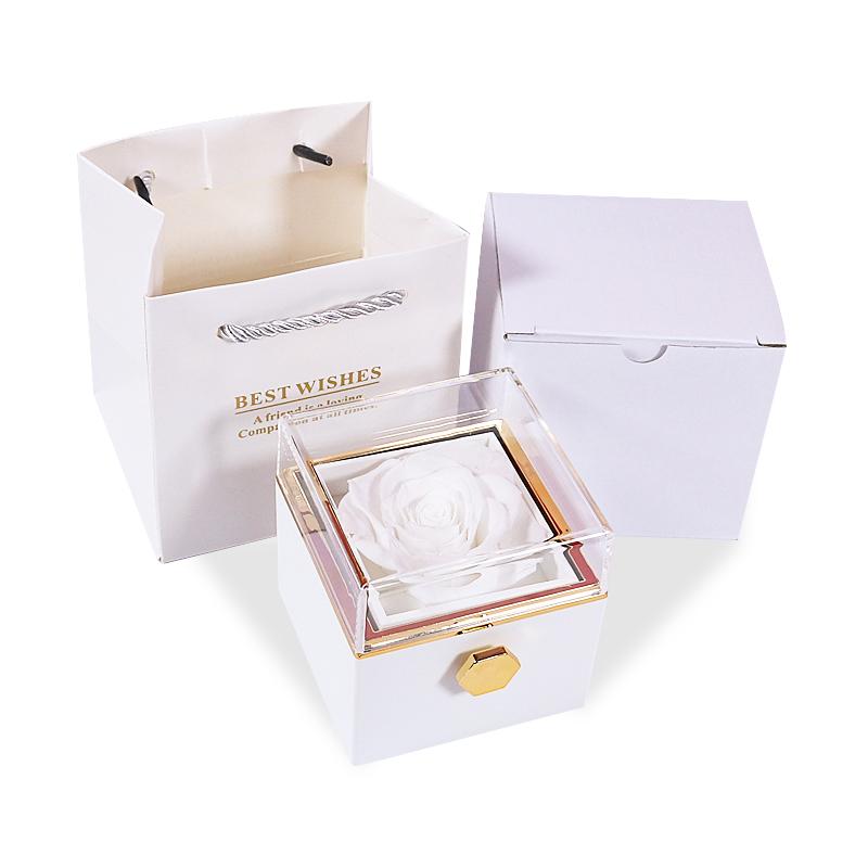 Manual Rotating Preserved Flower Jewelry Box with Necklace Ring Holder Luxury Acrylic Eternal Rose Box for Anniversary Gift