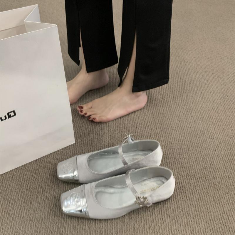 Flat-bottomed Small Silver Mary Jane Women's Shoes 2025 New Spring Square Head Small Fragrant Satin Black Evening Shoes