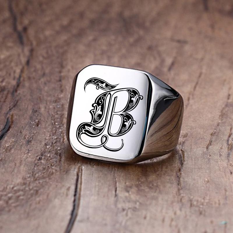 Vnox Retro-Initialen-Siegelring für Männer, 18 mm, sperrig, schwerer Stempel, männliches Band, Edelstahl, Buchstaben, individueller Schmuck, Geschenk für Ihn