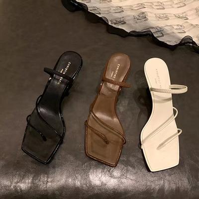 [sheii Su Yinyin] Kendou Has the Same Style~ French Square Head Leather Thin Strap High-heeled Sandals Women's Slippers Wear Two
