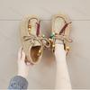Loafer Schuhe für Damen Voll Bedeckung Mode Perlenbesetzt Bequem Flache Schuhe Lässig Schnürung Vintage Schlupfschuhe Bequeme Schuhe