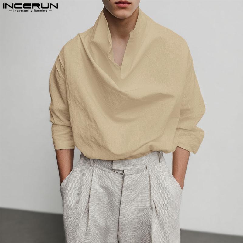 INCERUN Oversized Men Swing Collar Long Sleeve Casual Loose Solid Tops Shirts