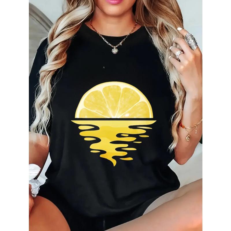 Black Oversized T Shirt Lemon Slice Water Reflection Print Summer Casual Wear