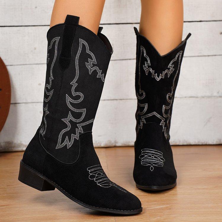 Vintage Embroidered V-Mouth Martin Boots Women'S Autumn And Winter Thick Heel Medium Tube Knight Boots Western Cowboy Women'S Boots