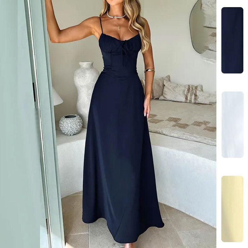 Women Casual Solid Color Lace Up A Line Strappy Long Dress