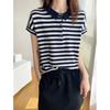 Women Summer Thin Casual Pure Cotton Striped T-Shirt  Loose Fit with POLO Collar and Drop Shoulder