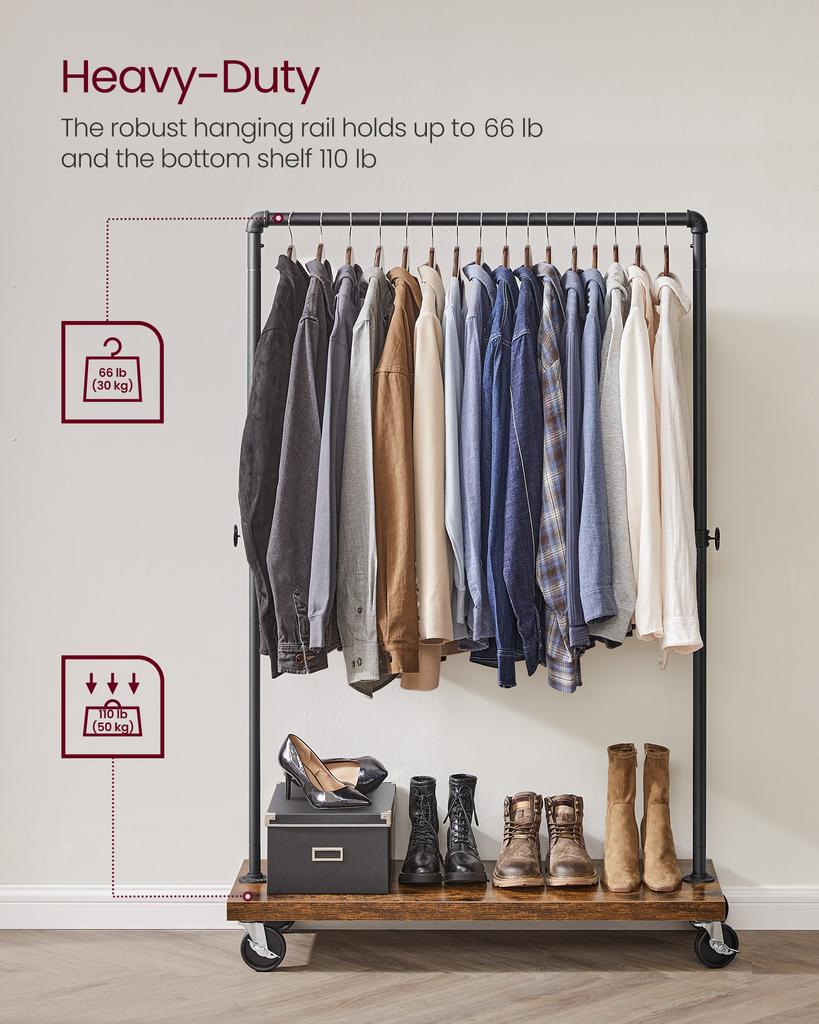 VASAGLE Clothes Rack, Heavy Duty Clothing Rack, Industrial Pipe Style Rolling Garment Rack with Shelf, for Bedroom