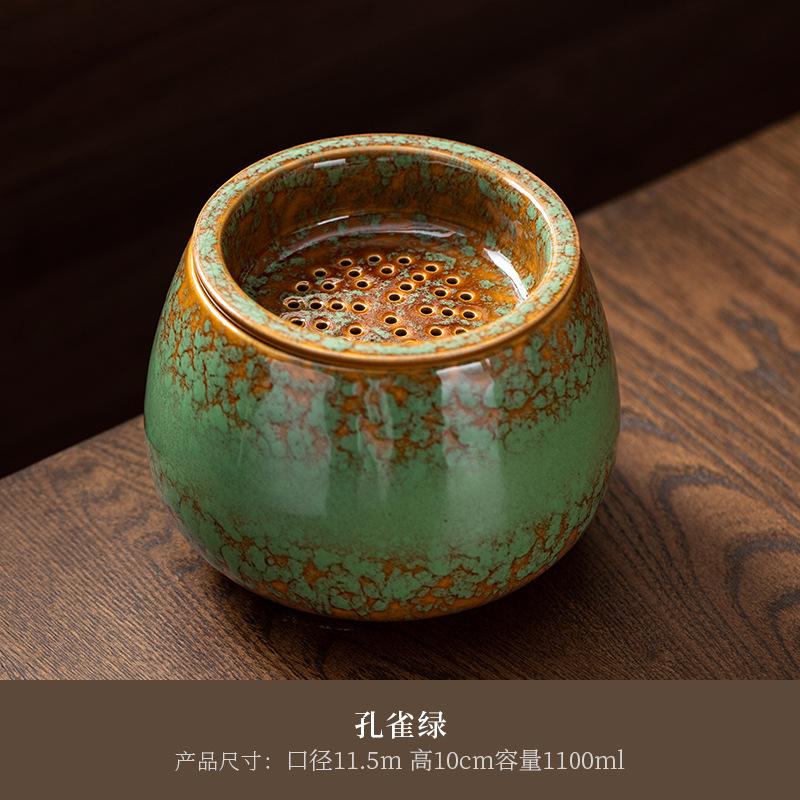 Kiln Change Green Glaze Premium Ceramic Large Tea Residue Bowl Tea Water Separation Tea Rinse Basin for Gongfu Tea
