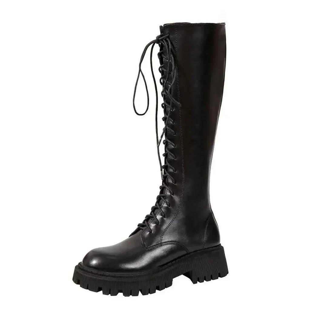 Mode Winterstiefel Damen Kniehohe Stiefel Plateau PU-Leder Erhöhend Lang Damen Schnürstiefeletten Mujer 2024 Reißverschluss Chelsea Damenschuhe