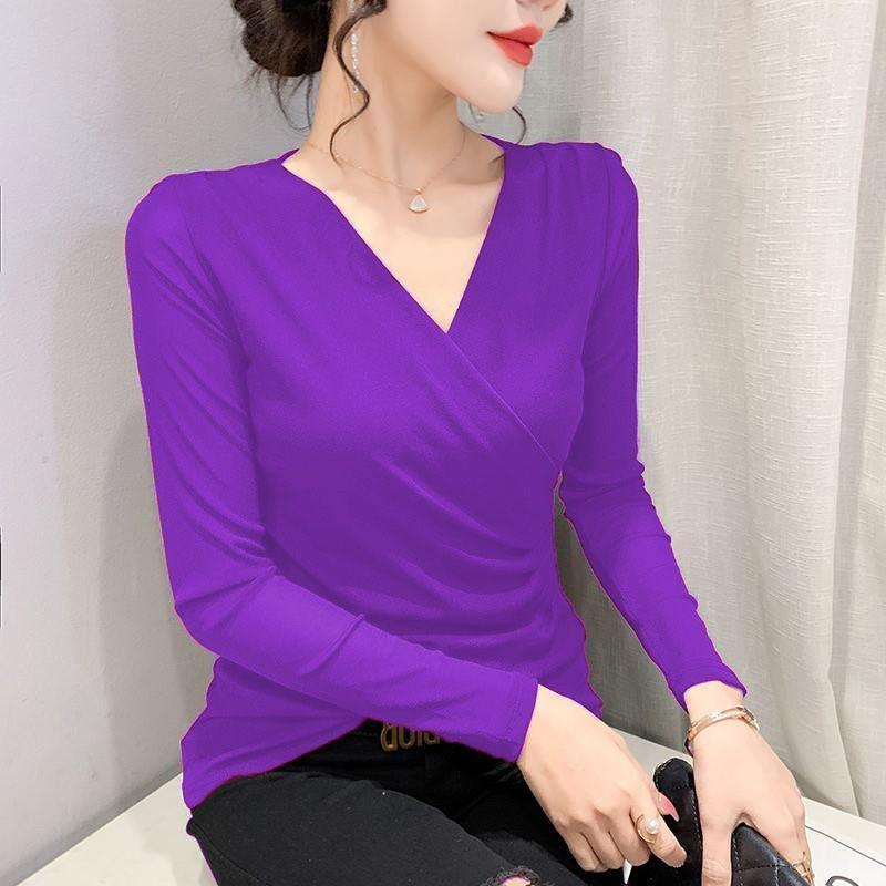 Women's New Fashion V-Neck Cross T-shirt Solid Color Long Sleeves Top Spring Autumn Mesh Bottoming Shirt S-4XL