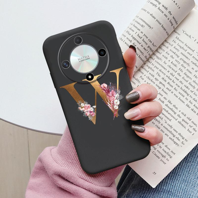 Buchstaben-Handyhülle für Honor X9b X9a Magic5 Lite Magic6 Lite 5G Hülle Retro-Blumen Rosa Schwarz Weiches TPU Initialen Silikon Fundas