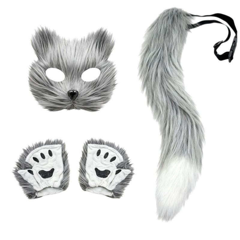 Halloween Cosplay Set Women Cute Cat Mask Plush Claw Gloves Fox Tail Accessories