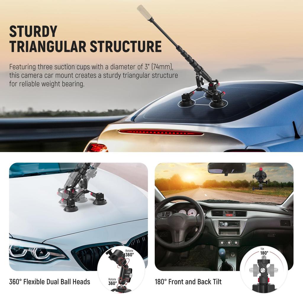 NEEWER Dreifache Saugnapf-Autohalterung Schnellwechsel-Magic-Arm-Kamerahalterung für Außenverlängerungstuch Kompatibel mit OSMO Pocket 3 Creator und X5