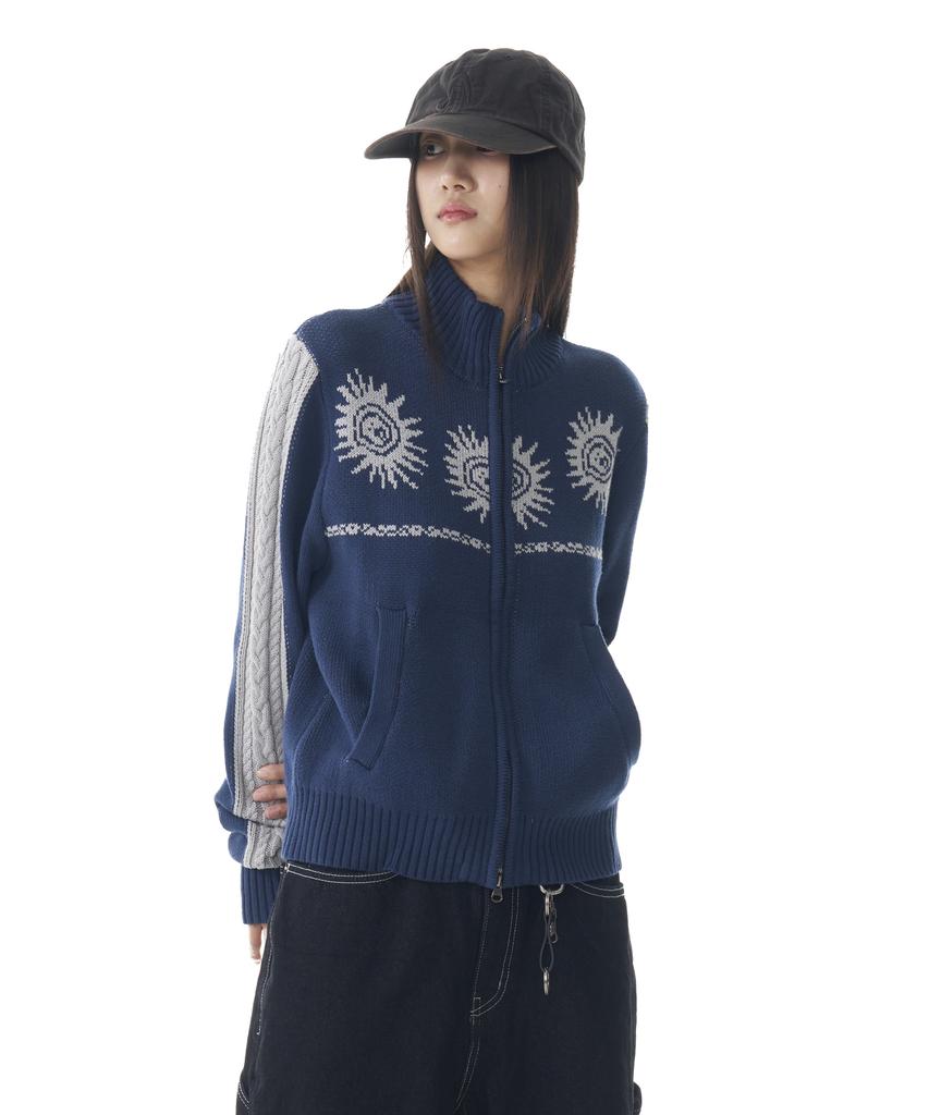 AAKAM Sun Jacquard Zip-Up Sweater (Navy)