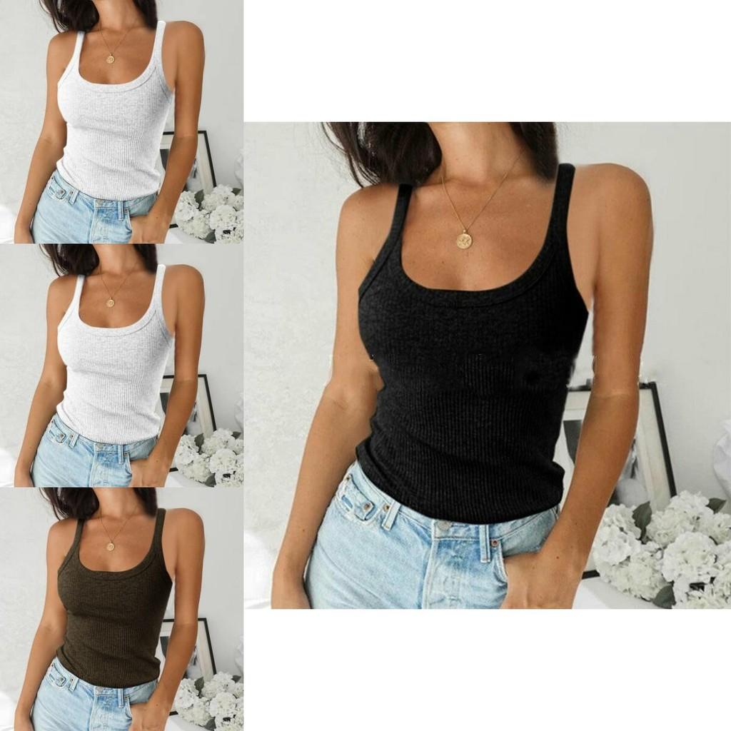 Ladies Casual T-shirt Stylish Ribbed Tank Top Sleeveless Cami Vest Soft Basic Blouse