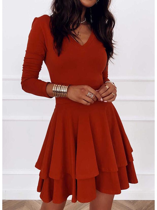 Women's Mid-Waist Solid Color Princess Pullover Dress with Spliced Hem