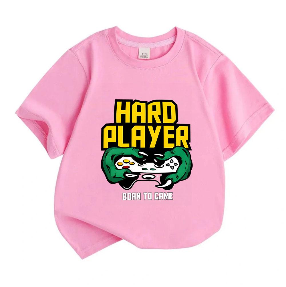 Kids Boys Girls 100% Cotton Crew Neck Short Sleeve T-Shirt, Hard Player Born To Game Print Casual Tees, Soft Breathable Lightweight Tops for Daily Gam