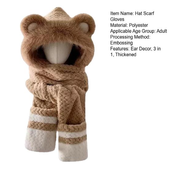 3 in 1 Hat Scarf Gloves Set Bear Ear Decor Thickened Plush Winter Hat Matching Scarf Gloves Function Cold Weather Outfit
