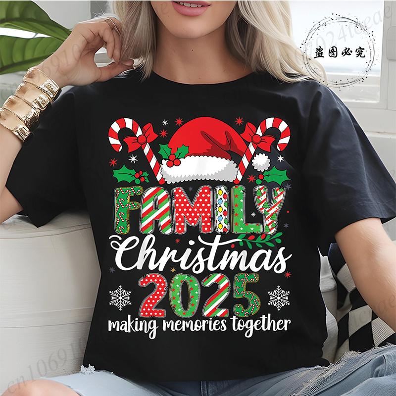 Women TShirt Family Christmas 2025 Print Tops Making Memories Together Tee Santa Hat ShirtsUnisex Fun Matching Holiday Tops