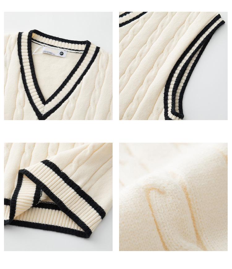 Unisex Retro Japanese Color Block V-neck Knit Vest, Basic Loose Sleeveless Sweater, Versatile Niche Style