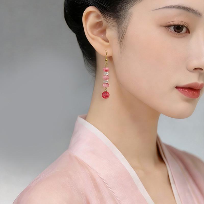 Chinese Red Agate Beaded Dangle Earrings for Women - Ancient Style, Simple, Versatile, Fashionable, Long Design