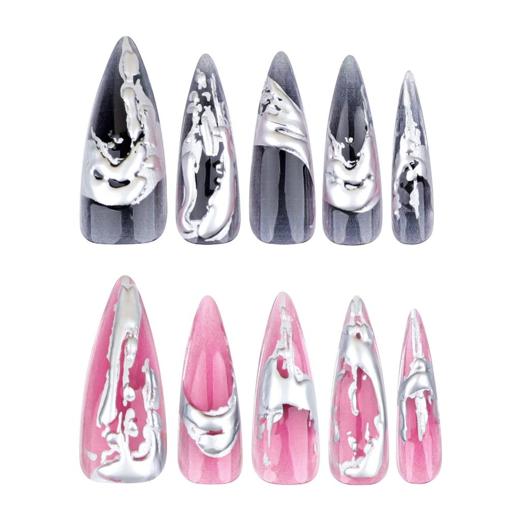 European & American Long Pointed 3D Silver Smudged Fake Nails - Popular Cross-Border Nail Art