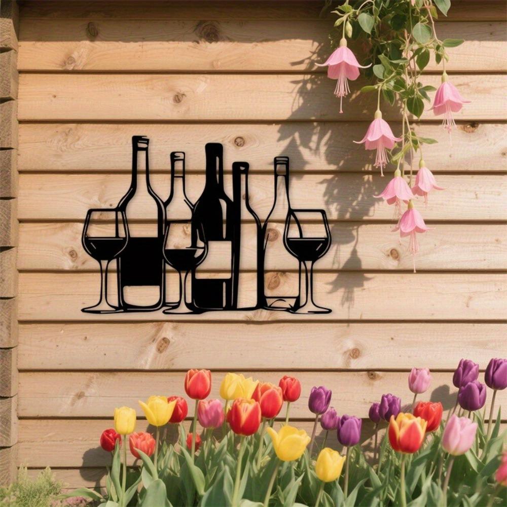 1pc 2D Flat Wine Bottle Glass Metal Wall Art Modern Minimalist Black Outdoor Decor for Bar Kitchen Dining Room