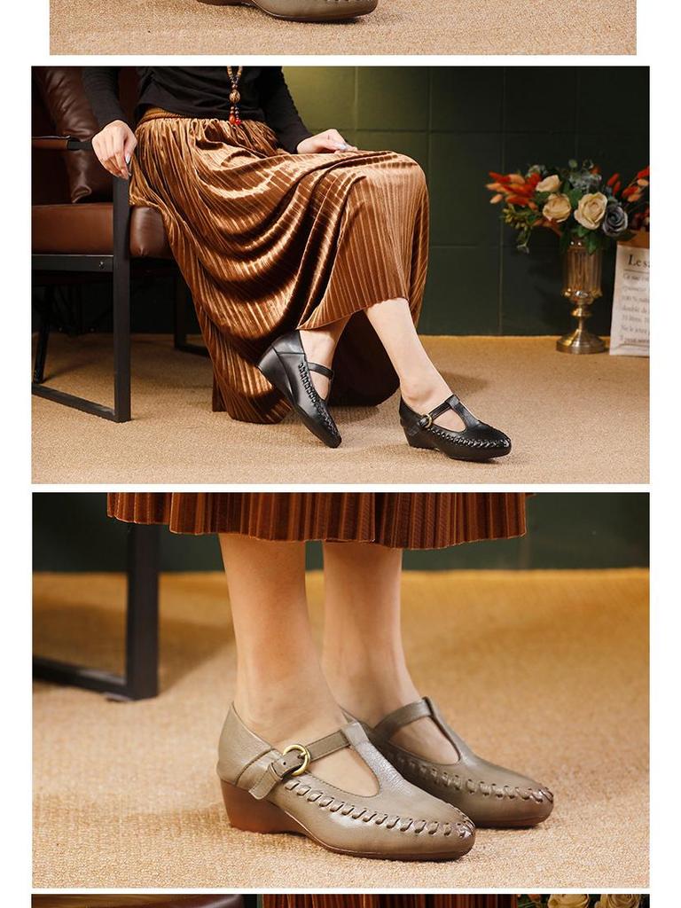 2025 Autumn Women's Genuine Leather Mary Jane T-Strap Shoes - Soft Sole, Retro French Style, Chunky Heel