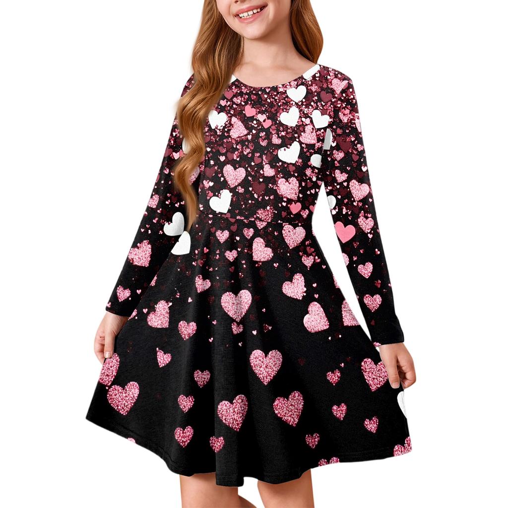 Girls' Summer Princess Dress - Long Sleeve A-Line T-Shirt Dress Valentine's Day