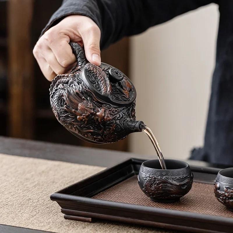 Purple Pottery Vintage Teapot Ceramic Carve Kung Fu Teapot Single Teapot Pu'er Tea Making Device Tea Sets Chinese Tea Pot