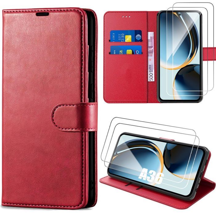 Coque de protection - BOOLING - pour Samsung Galaxy A36/A56 5G - Cuir PU Rouge - 2 Verres Trempés - Antichoc