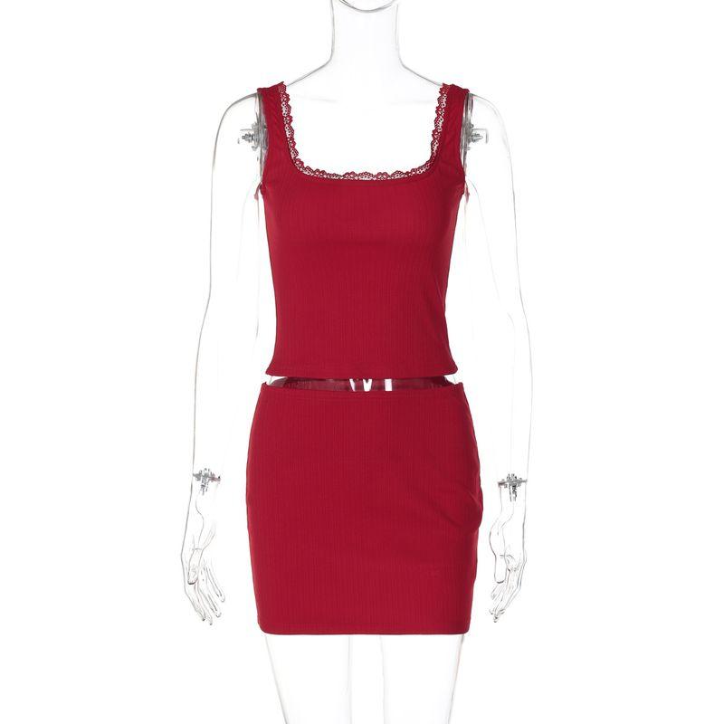 

Lace Lace Camisole Wrapped Hip Skirt Set Lace Trim Sling Bodycon Dress Suit Red S