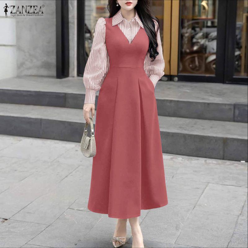 ZANZEA Women Casual Stripe Patchwork Turn Down Collar Long Sleeve Dress