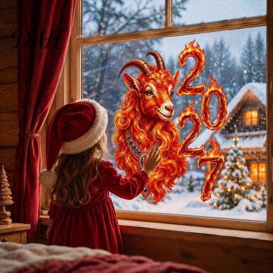 Decorative Window Film for Glass Chinese New Year Stickers, 2027 Goat Static Clings, Reusable PVC Stickers Lunar Xmas Decor Home Shop Decoration