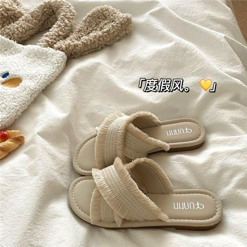 

Островной вечерний бриз~! Кисточка ленивые инс крест крутые тапочки женские летние плетеные французские уличные дышащие тапочки прилив 40