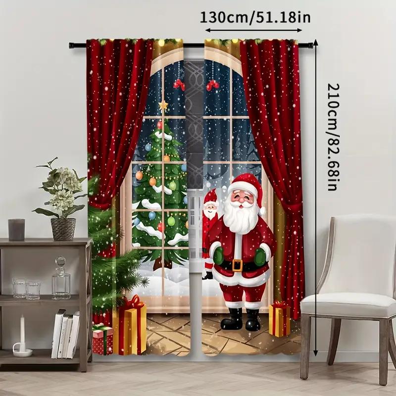 Set Of 2 Joyful Christmas Patterned Curtains Holiday Designed Polyester Filter Family Windows Curtain