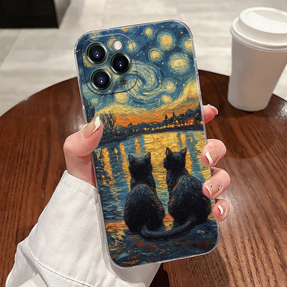 Cat Van Gogh Starry Night Oil Painting Case For Apple iPhone 17 16 15 14 13 12 11 Pro Max Plus 16E 17Air 17Pro Phone Cover Funda