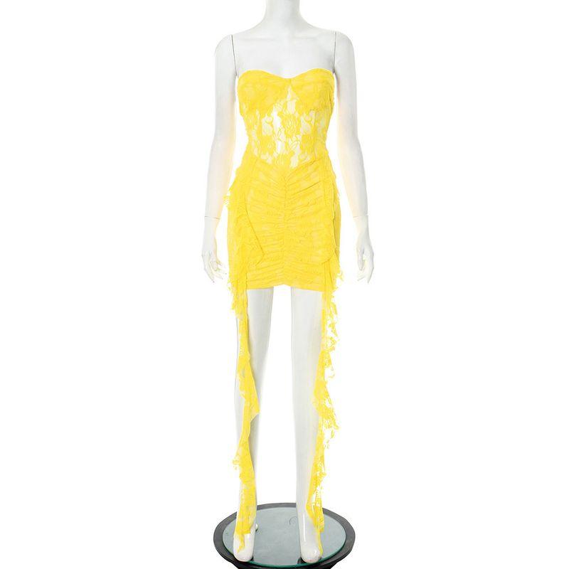 

G25ds105 European and American Women s Clothing Sleeveless Open Back Lace Ribbon Ruffles Skinny Sheath Jumpsuit Skirt Yellow S